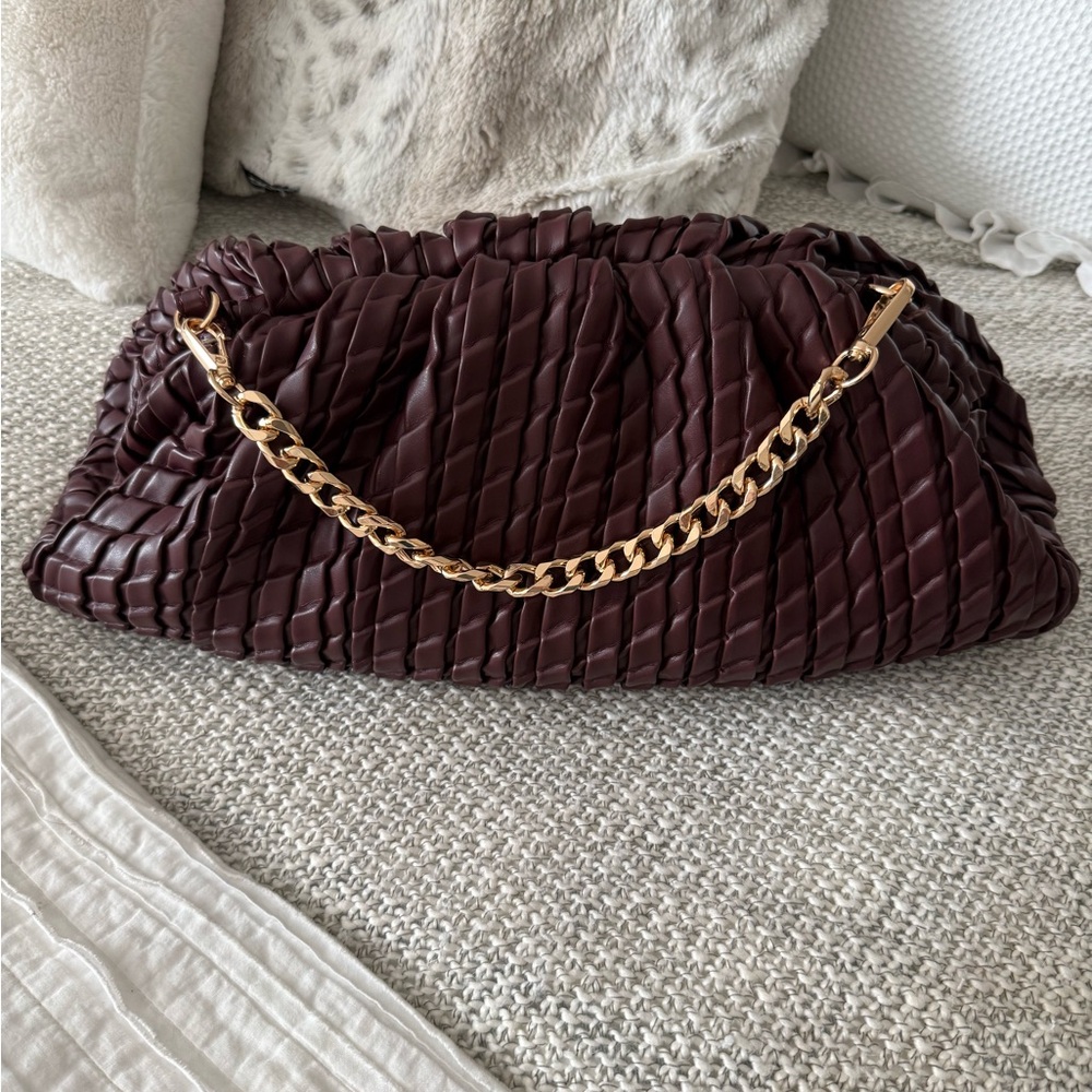 Anthropologie Woven Leather Shoulder Clutch in Deep Burgundy with Gold Chain